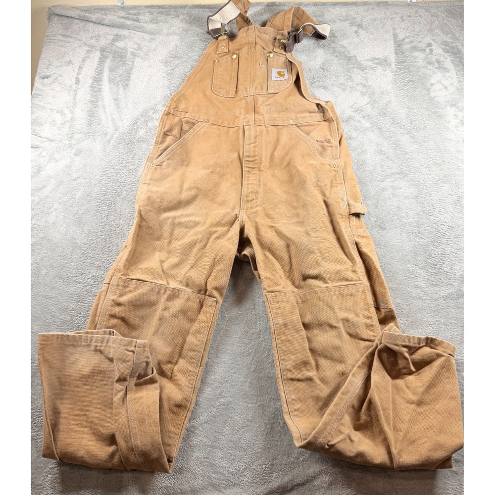 Carhartt R01 Bib Overalls Mens 32x30 Brown Duck Double Knee Workwear - Picture 1 of 12